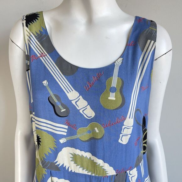 80's Vintage Reyn Spooner Hawaiian Midi Dress Ukelele Rare Print Rayon Sz Small - Picture 3 of 16